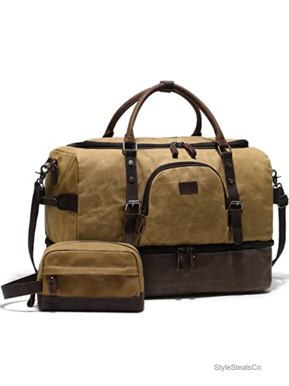 Weekender Bag with Shoe Compartment Canvas Genuine Leather Travel Duffel